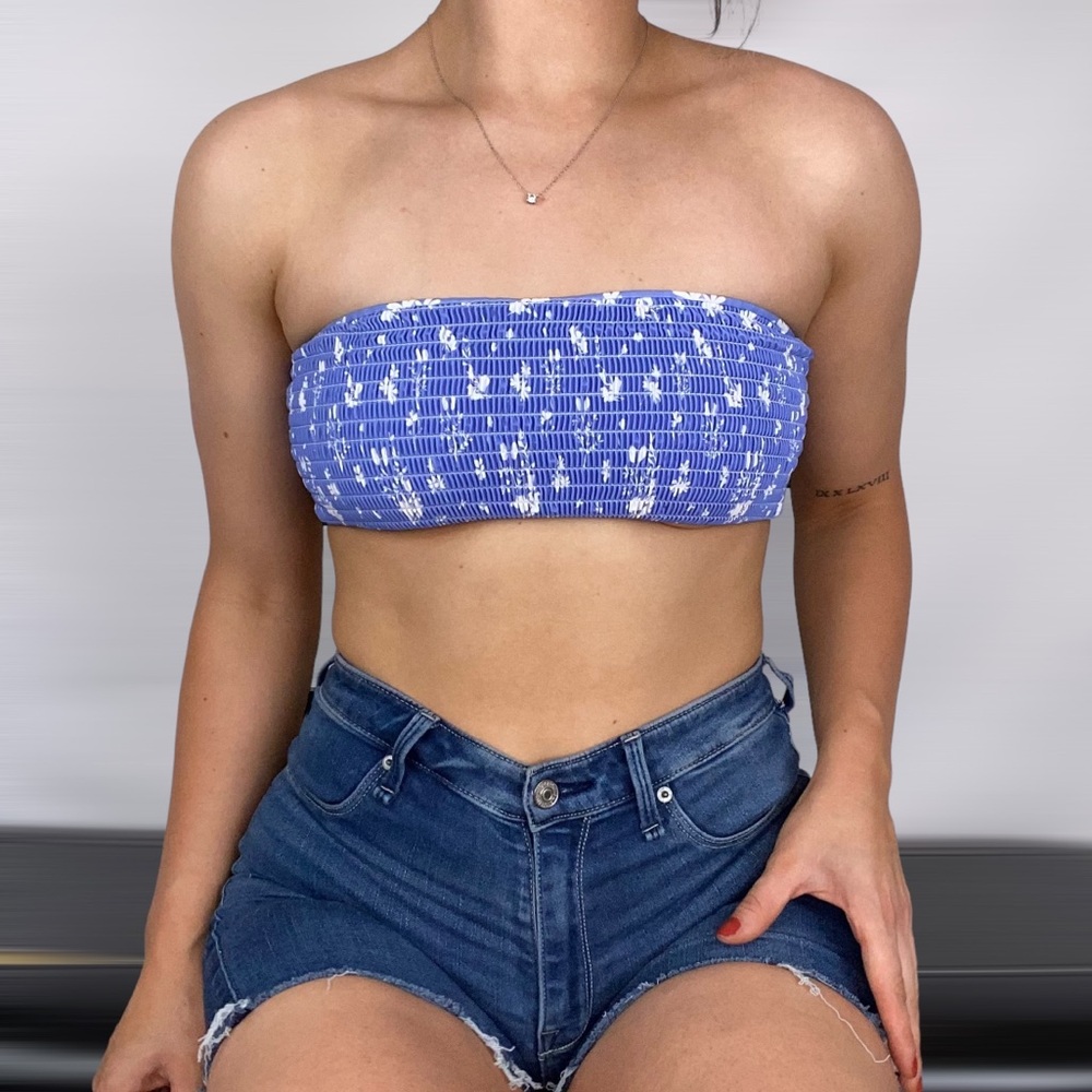 ZAFUL Floral Tie Bandeau Swim Top Tie Back Blue Size Medium